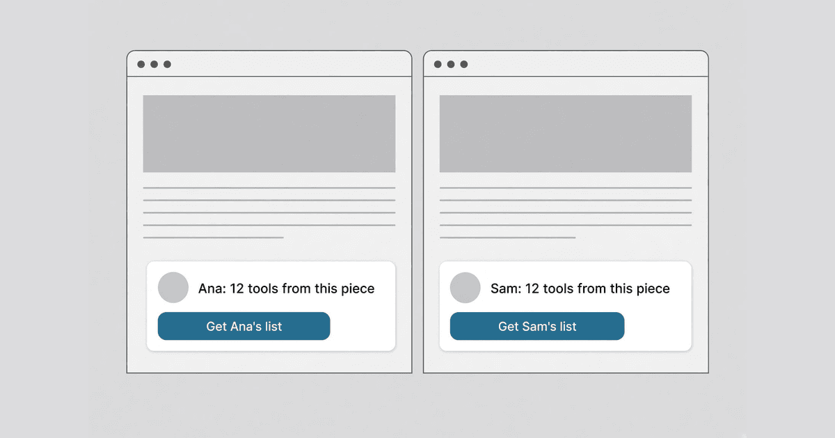 Two identical browser windows side by side showing the same article. The card in the left window reads Ana: 12 tools from this piece, with a blue button reading Get Ana's list. The card in the right window reads Sam: 12 tools from this piece, with a blue button reading Get Sam's list.