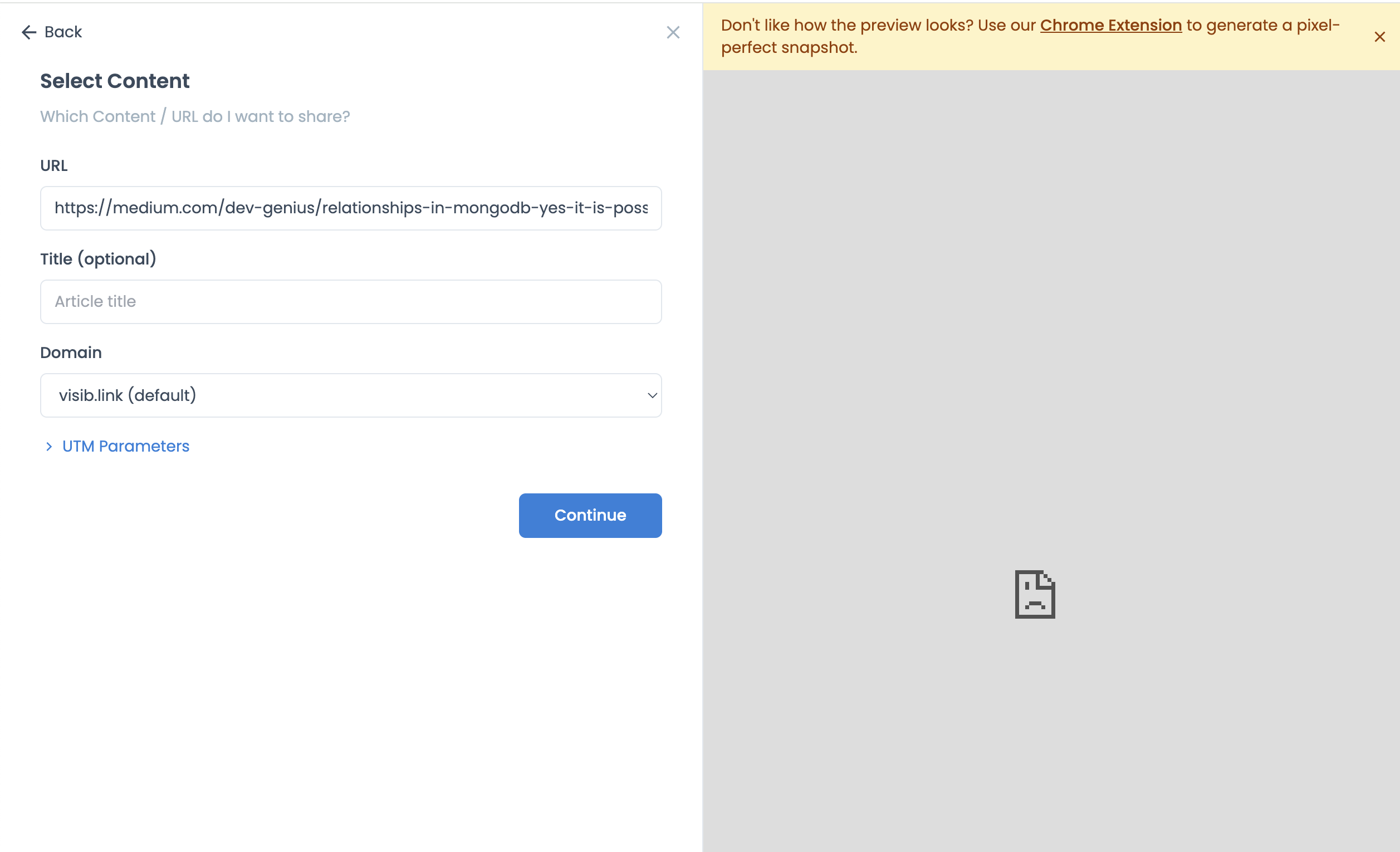 Broken iframe preview in Visib dashboard — Chrome Extension notification appears