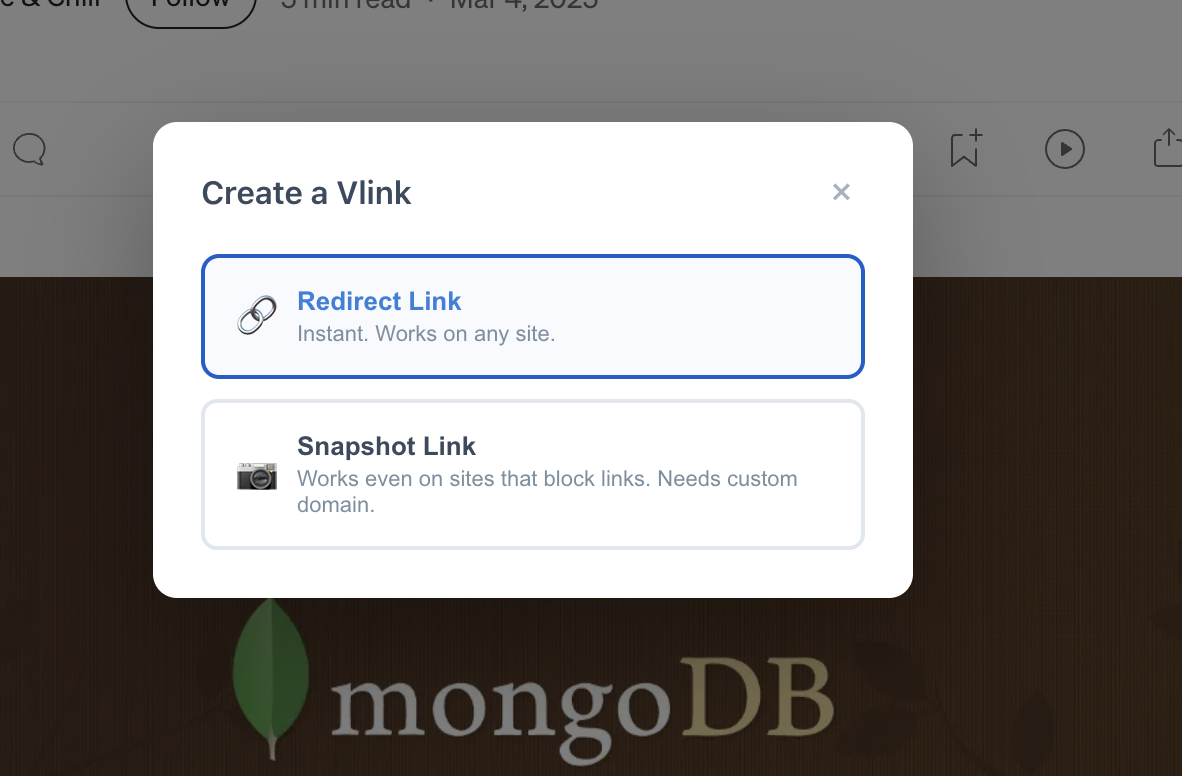 Create a Vlink popup — choose Redirect Link or Snapshot Link