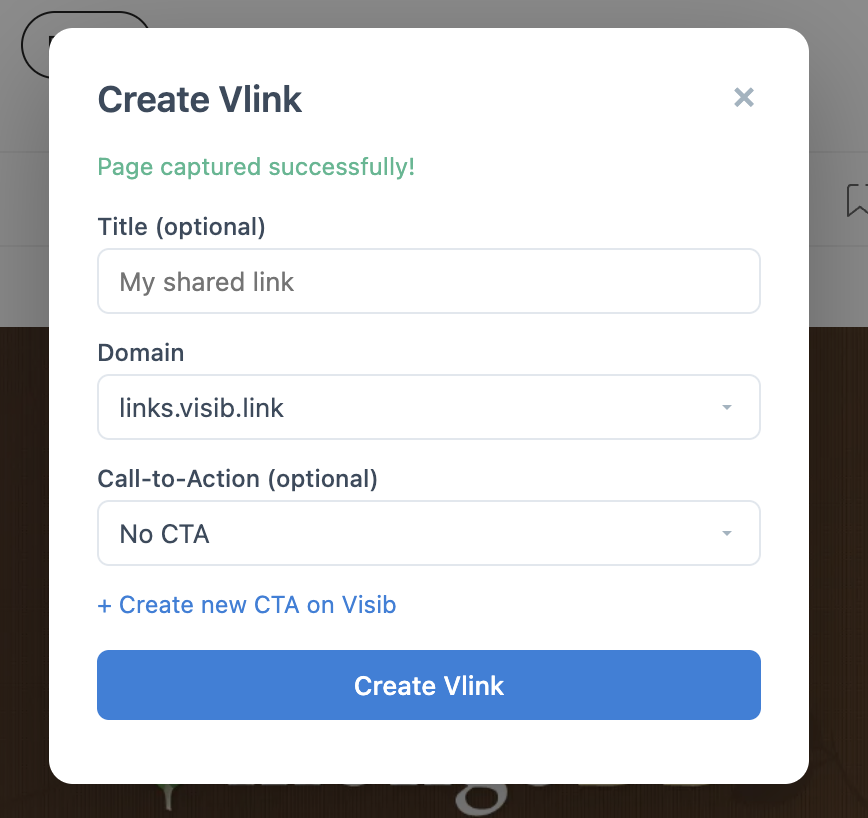 Create Vlink form after capture — add title, pick CTA, create link