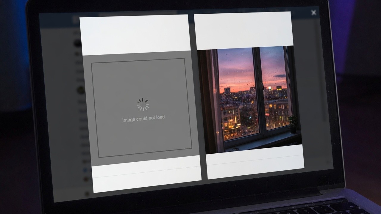 A laptop screen. The left preview is a gray square that reads image could not load. The right preview is a photograph of a city window at dusk in the rain.