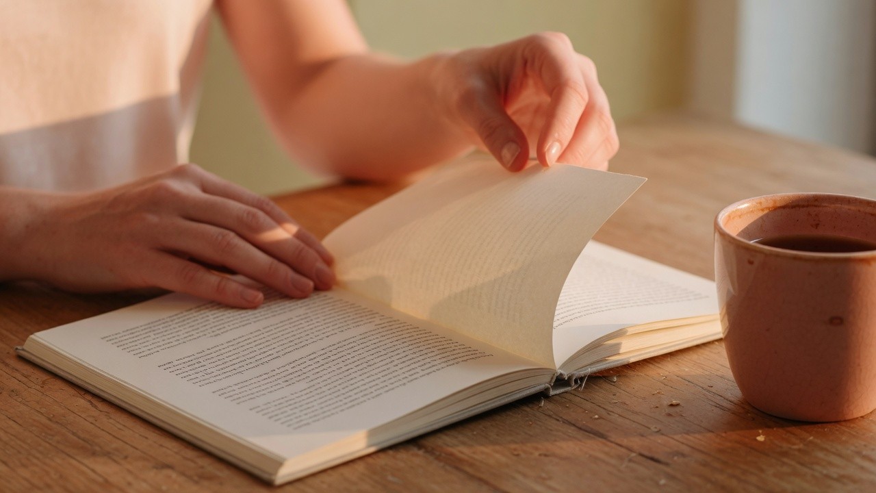 Hands turning a page of an open book on a wooden table, a cup of coffee beside it.